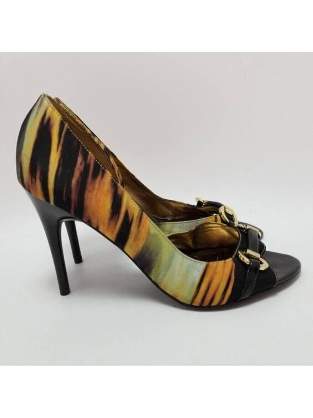 Carlos Santana Miracle Dorsay Open Toe High Heels Gold Accent Shoes Size 7.5 M